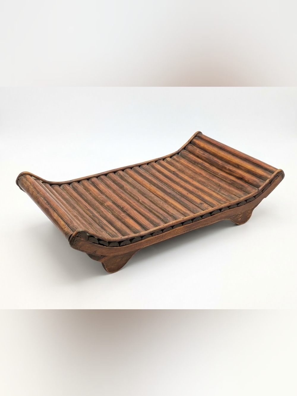 Vintage Bamboo & Wood Slatted Footed Tray Curved Riser Centerpiece 15.5x9